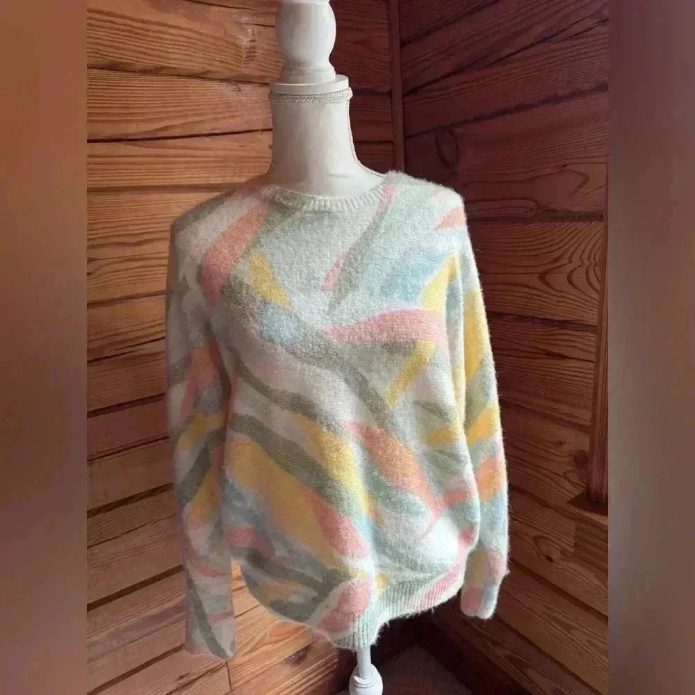 Rachel Zoe Fuzzy Crew Neck Green Pink 80s Retro Styled Sweater size small - Picture 1 of 7